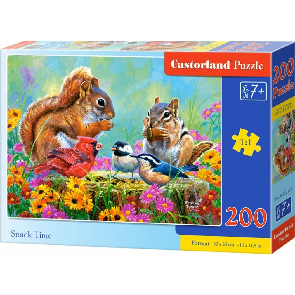 Eine Puzzledose zeigt ein Eichhörnchen und einen Chipmunk mit Vögeln, auf einem Baumstumpf, umgeben von Blumen. Auf der Box steht 'Snack Time'.