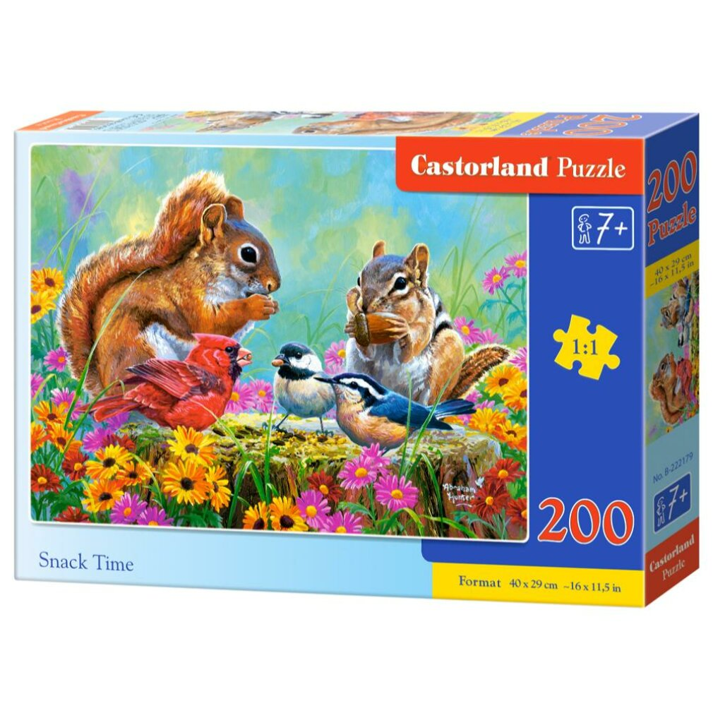 Puzzledose zeigt ein Eichhörnchen, einen Chipmunk und Vögel beim Essen. Bunte Blumen und ein grüner Hintergrund sind ebenfalls zu sehen.