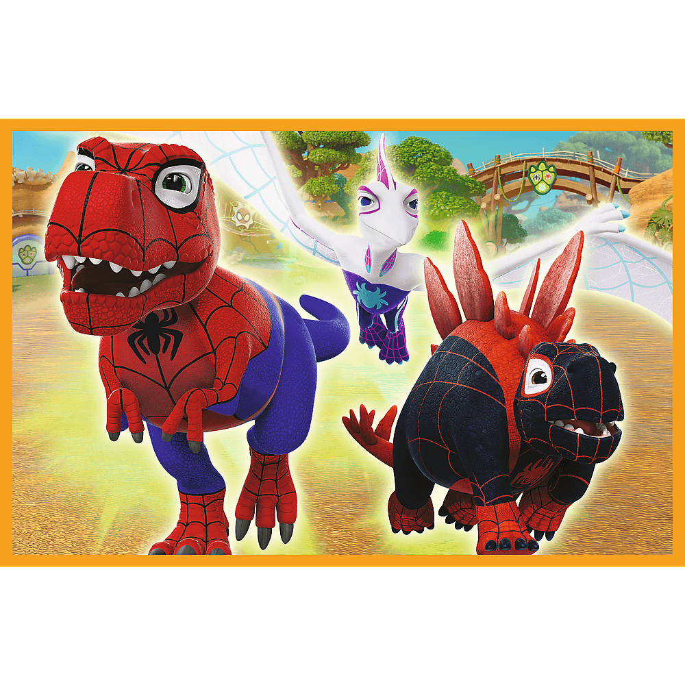 Drei Zeichentrickfiguren, ein Spiderman-Dinosaurier, eine weiß geflügelte Kreatur und ein rot-schwarzer Dinosaurier auf gelbem Hintergrund.