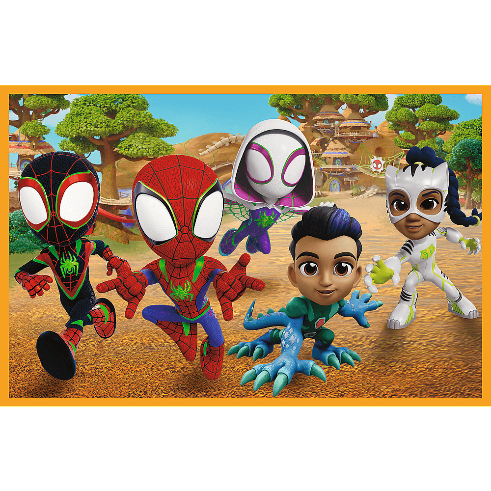 Fünf Cartoon-Spider-Man-Charaktere stehen auf braunem Boden. Im Hintergrund sind Bäume und Gebäude. Die Charaktere sind in Action-Posen.