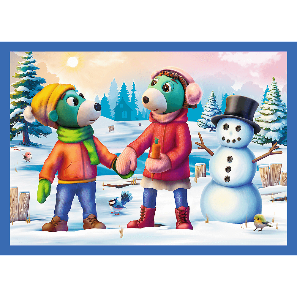 Zwei Cartoon-Bären halten sich in einer verschneiten Szene an den Händen. Ein Schneemann steht neben ihnen. Vögel und Bäume sind im Hintergrund.