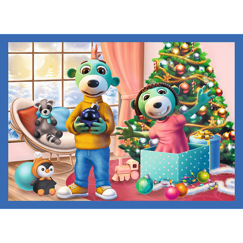 Zwei Cartoon-Bären in einer Weihnachtsszene. Einer hält eine Kugel. Ein zweiter springt aus einem Geschenk. Baum und Spielzeug vorhanden.