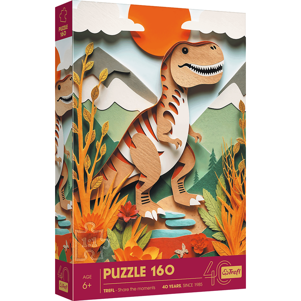 Pudełko z puzzlami przedstawia wycinankę 3D dinozaura w leśnej scenerii, ze słońcem, górami i napisem "PUZZLE 160".