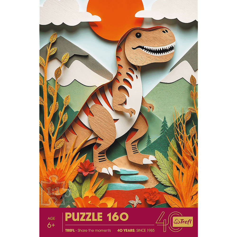 Pudełko z puzzlami wykonane z papieru przedstawia Tyrannosaurus Rexa w leśnym otoczeniu ze słońcem i chmurami. Na pudełku z puzzlami widnieje napis 'Puzzle 160'.