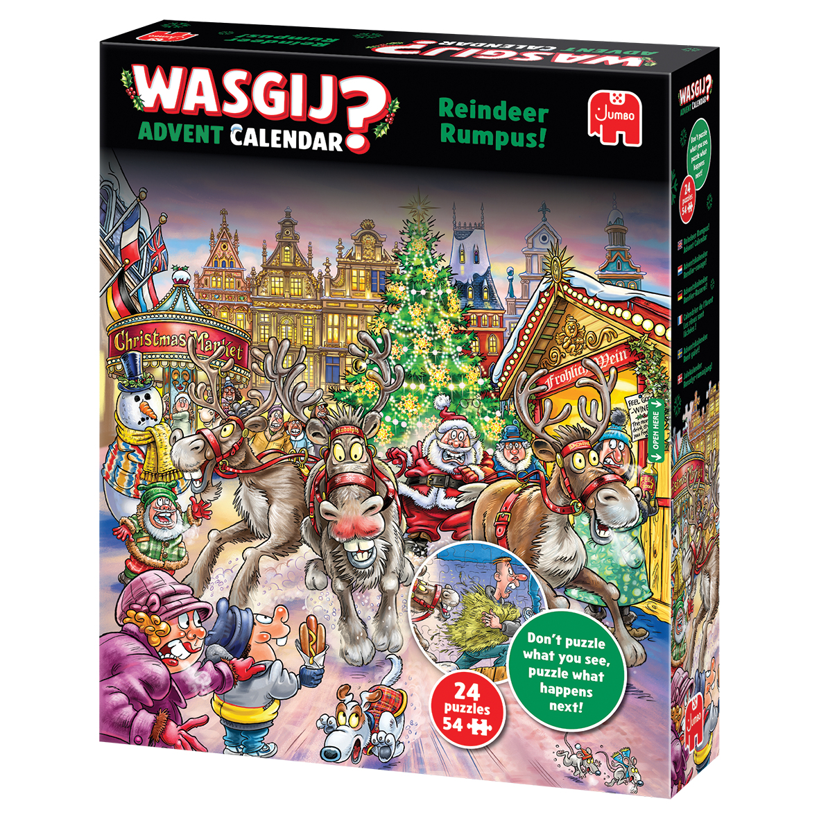 Adventskalenderbox mit Weihnachtsmann, Rentieren und einer festlichen Weihnachtsmarktszene.