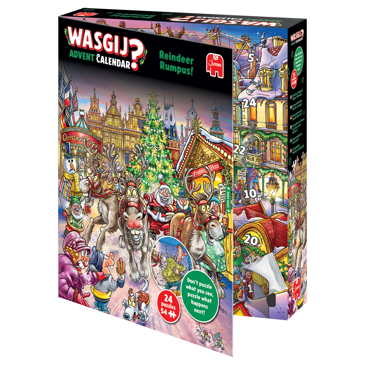 Adventskalender mit Weihnachtsmann auf Schlitten, Rentieren, Weihnachtsmarkt und Gebäuden mit Schnee.