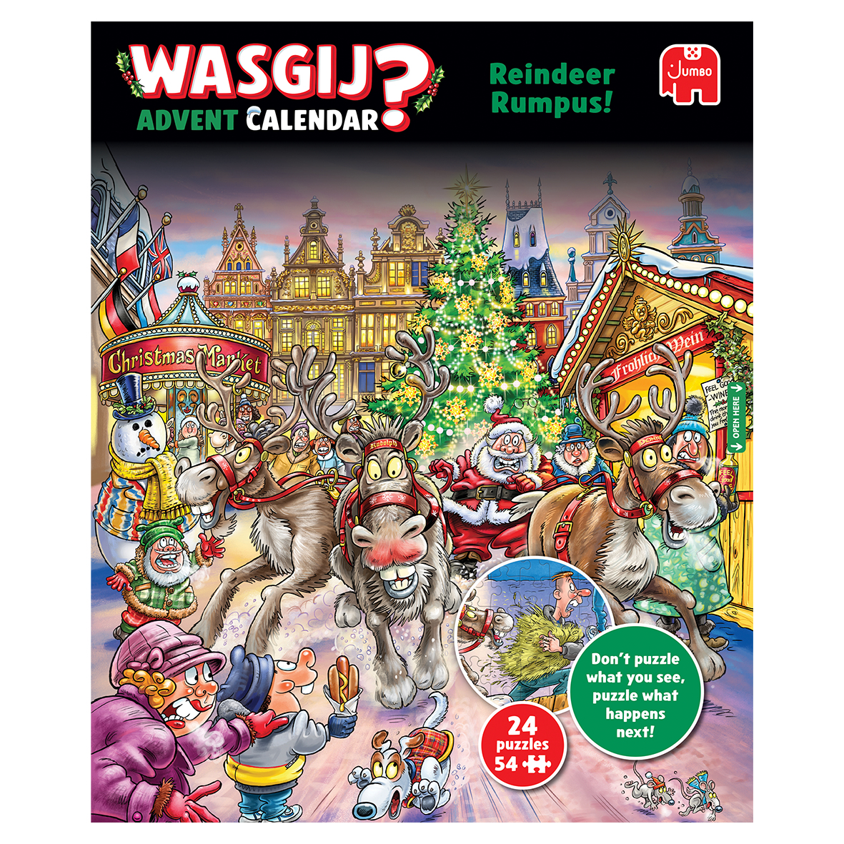 Adventskalender mit Weihnachtsmarktszene. Rentiere ziehen den Schlitten des Weihnachtsmanns, festliche Dekorationen und Menschen, die den Urlaub genießen.