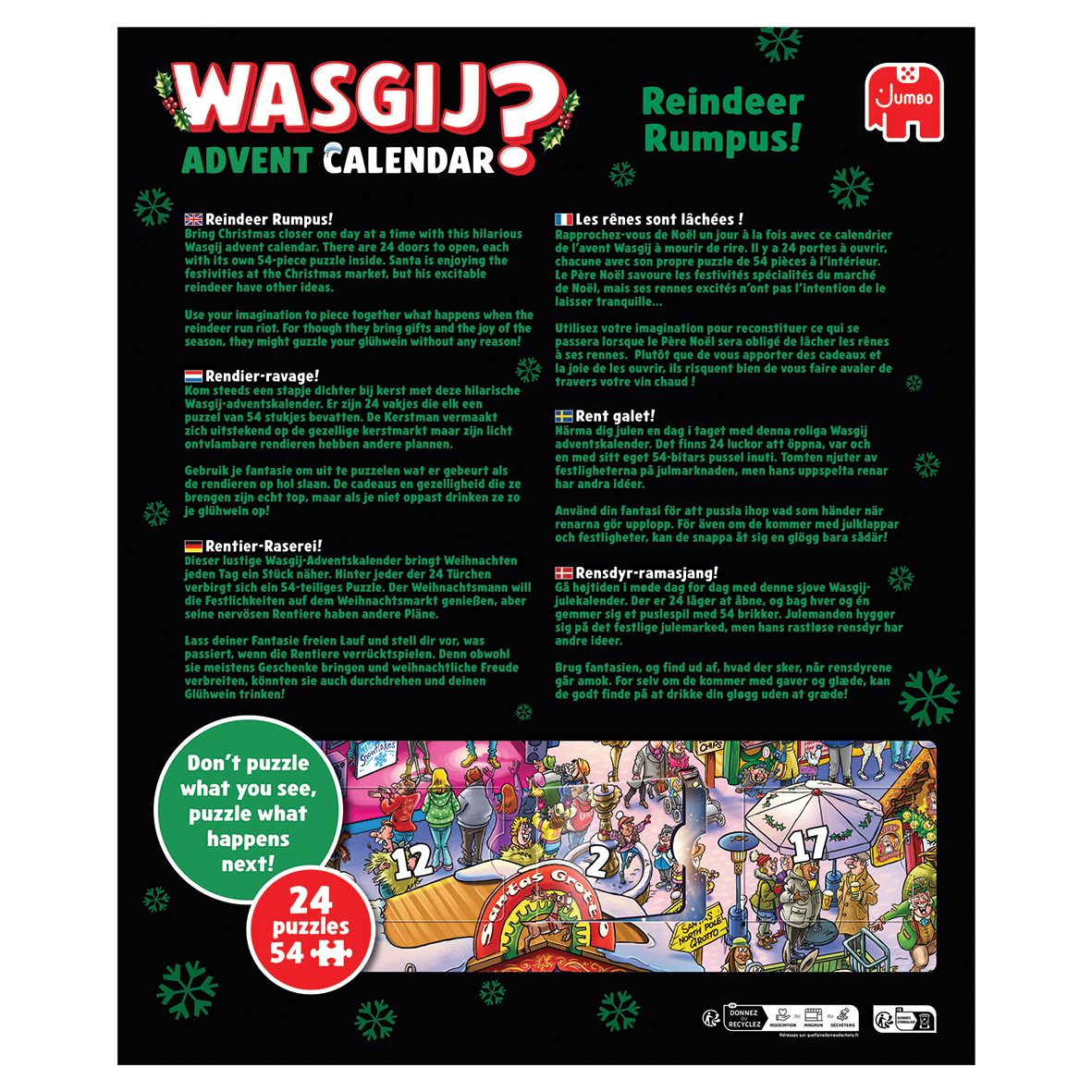 Adventskalender mit Weihnachtsmarktszene; Weihnachtsmann, Rentiere, Puzzleteile.