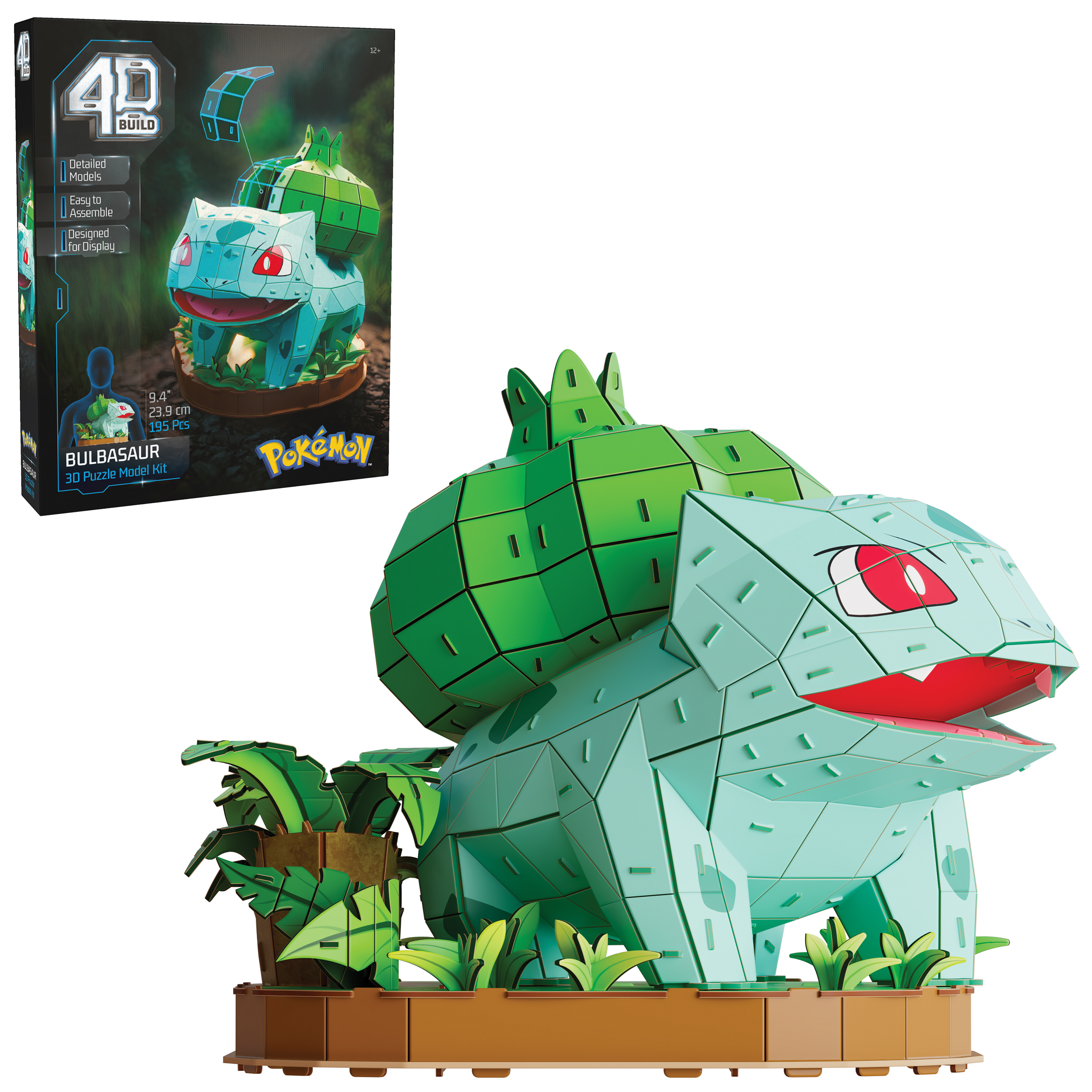 Ein Bulbasaur-3D-Puzzleset. Die Figur ist hellgrün mit roten Augen und sitzt auf einer braunen Basis mit grünen Pflanzen.