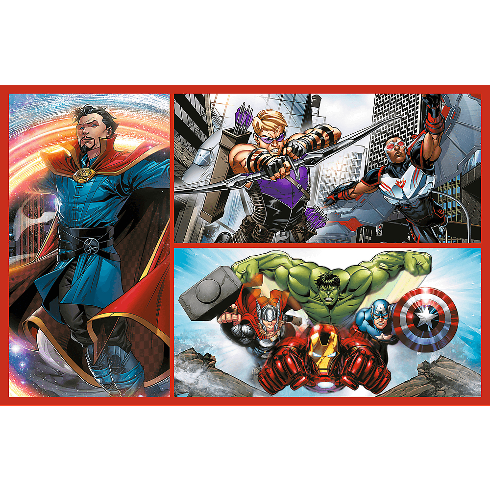 Panele komiksowe z Doktorem Strange'em, Hawkeye'em, Falconem, Thorem, Hulkiem, Iron Manem i Kapitanem Ameryką w pozach akcji.