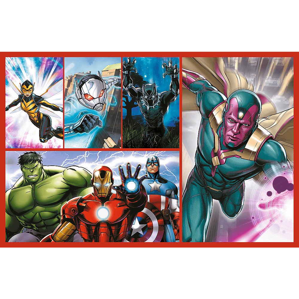 Kolaż z różnymi superbohaterami Marvela: Wasp, Ant-Man, Black Panther, Vision, Hulk, Iron Man i Kapitan Ameryka.