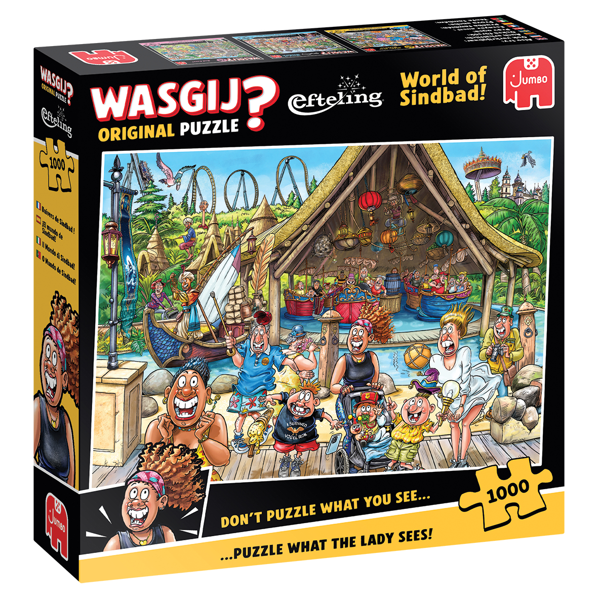 Puzzeldoos met een tekenfilmscène van een pretpark met figuren, boten en gebouwen. De doos heeft tekst: Wasgij? Efteling.