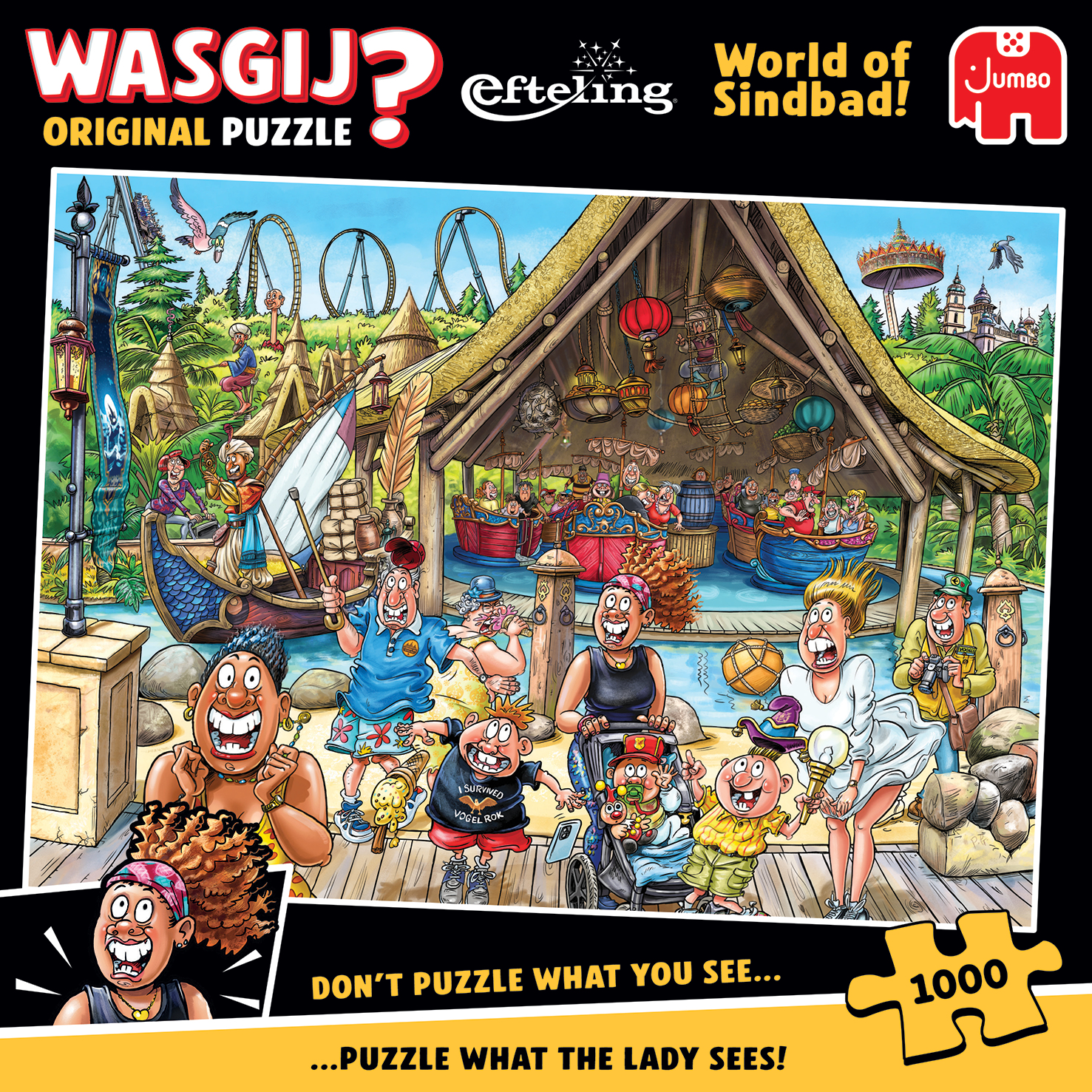 Een cartoon puzzelafbeelding toont mensen in een themapark. De rok van een vrouw waait omhoog en onthult haar benen. Er zijn boten en achtbanen.