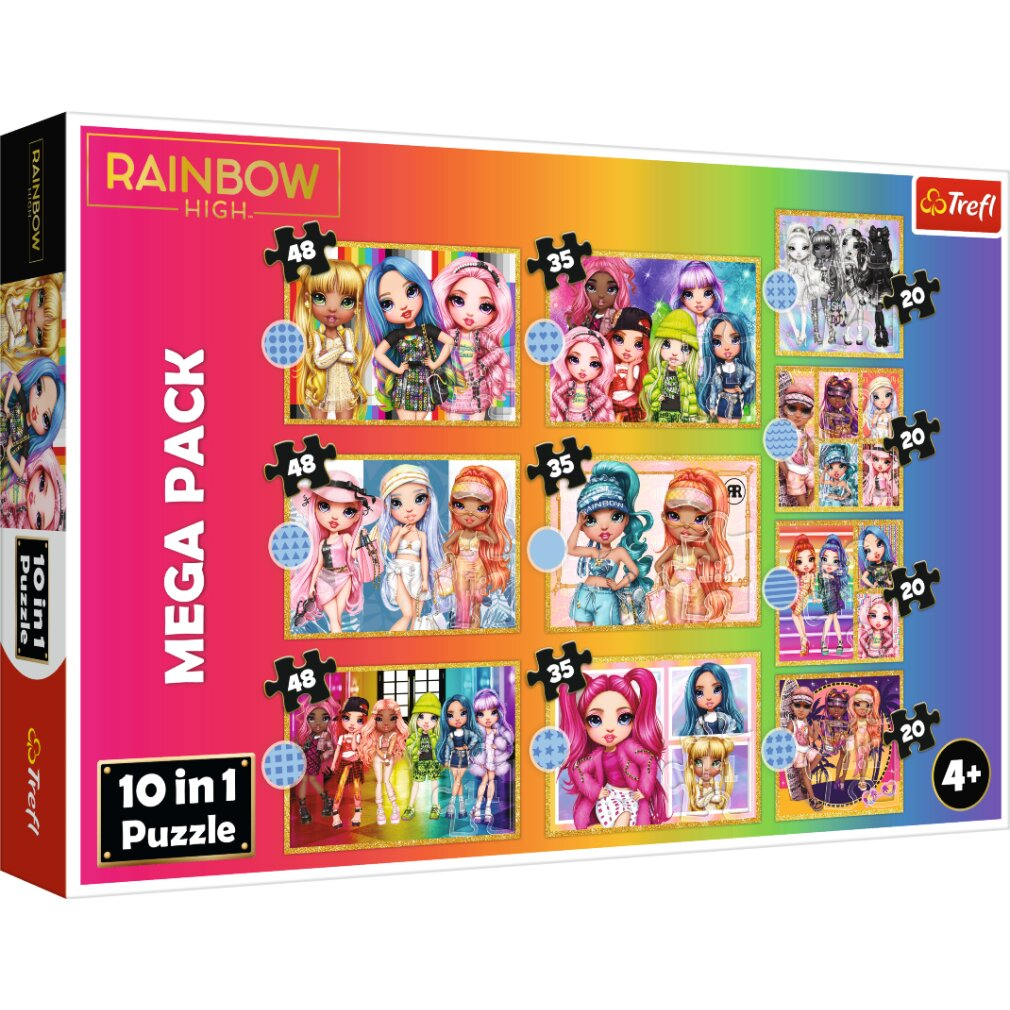 Pudełko z puzzlami z lalkami Rainbow High. Zawiera różne liczby puzzli i etykietę '10 in 1 Puzzle'. Jasny, kolorowy design.