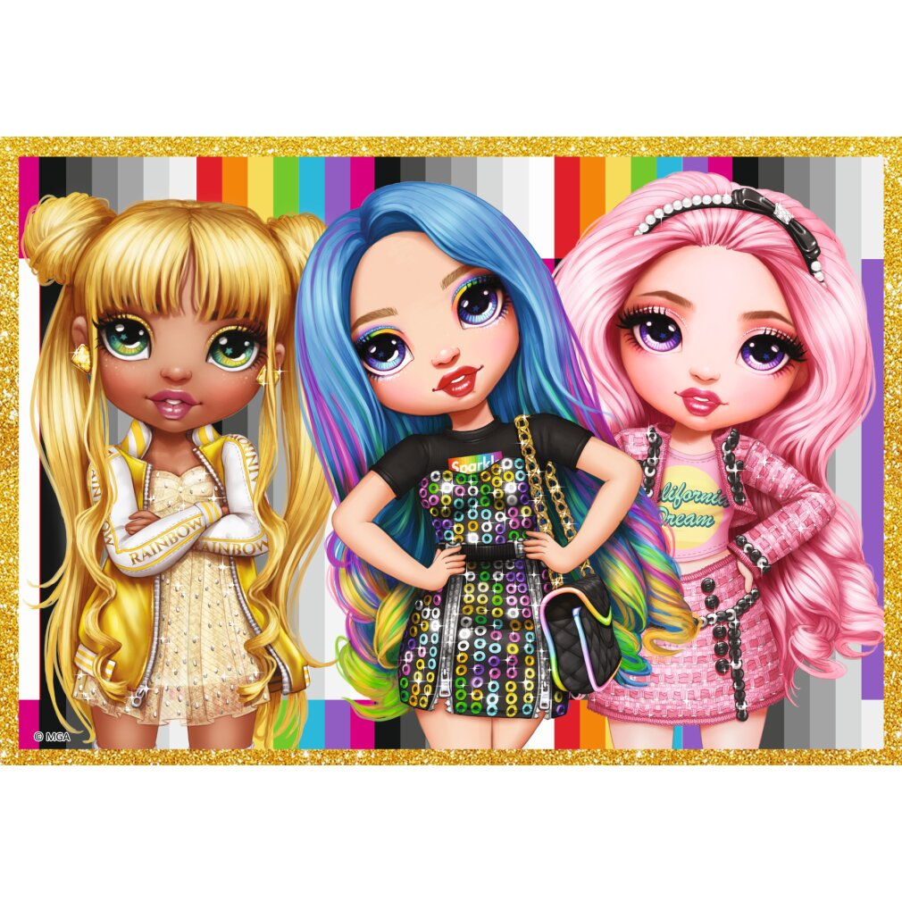 Trzy kreskówkowe lalki z żywymi włosami i stylowymi strojami. Znajdują się na kolorowym tle ze złotą ramą.
