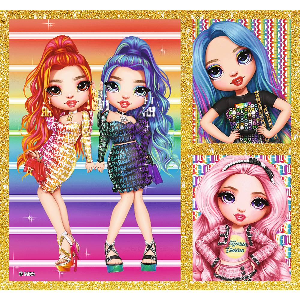 Cztery obrazy lalek z tęczowym tłem. Dwie lalki stoją razem, a dwie to zbliżenia.