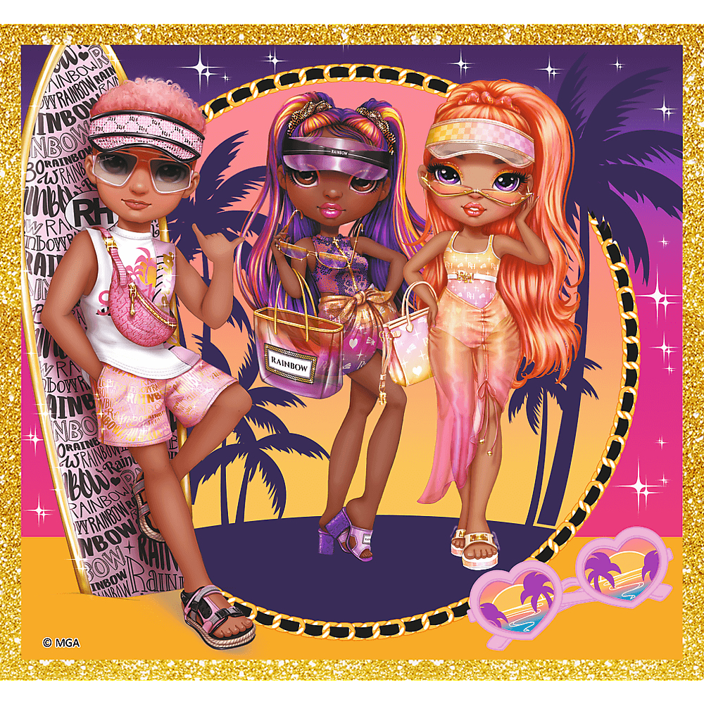 Trzy lalki Rainbow High na plaży. Jedna ma na sobie różowy, druga fioletowy, a trzecia pomarańczowy strój. W tle palmy i okulary przeciwsłoneczne.