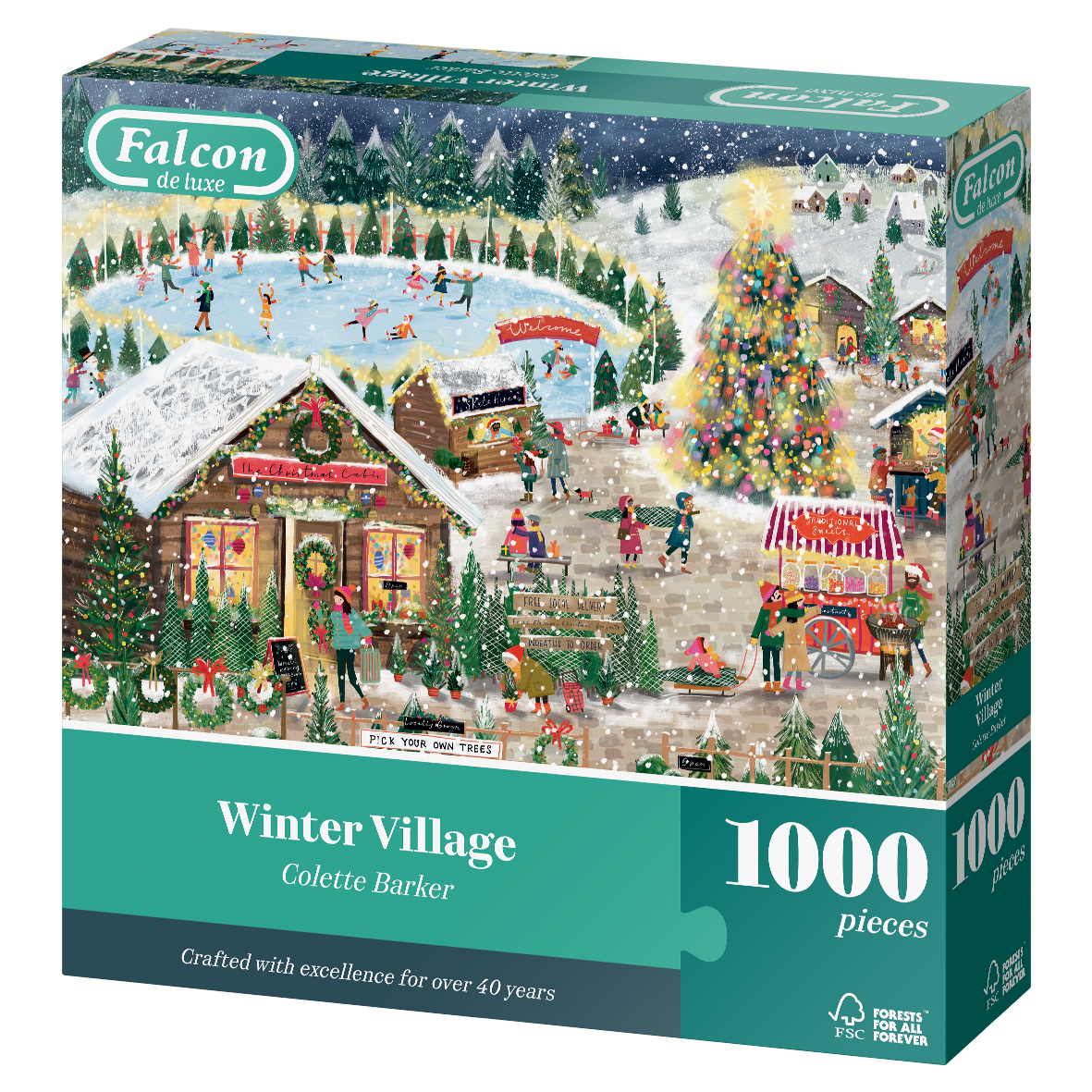 Eine Winterdorf-Szene mit Eislaufen, einem Weihnachtsbaum und Geschäften. Menschen genießen die festliche Atmosphäre.