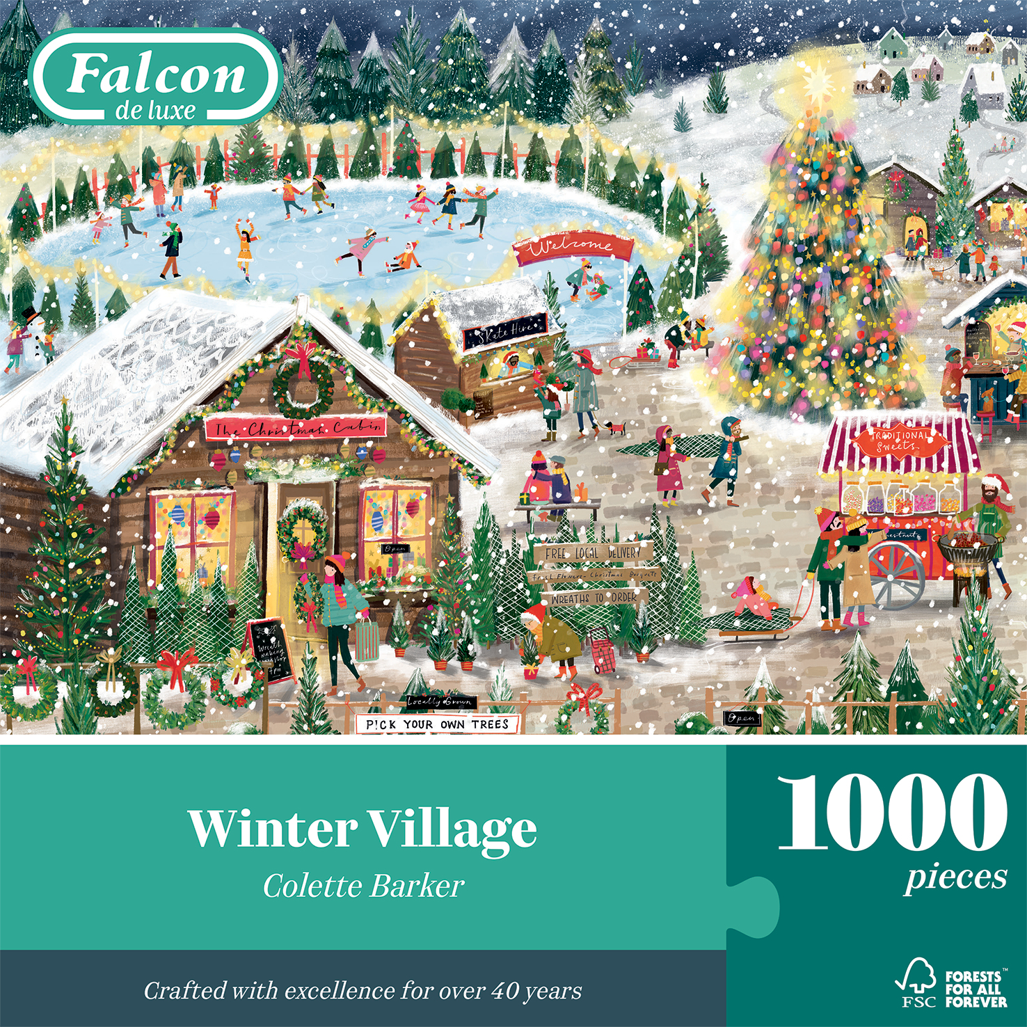 Eine Winterdorf-Szene mit Eisbahn, Geschäften und einem großen Weihnachtsbaum. Menschen fahren Schlittschuh und kaufen ein.