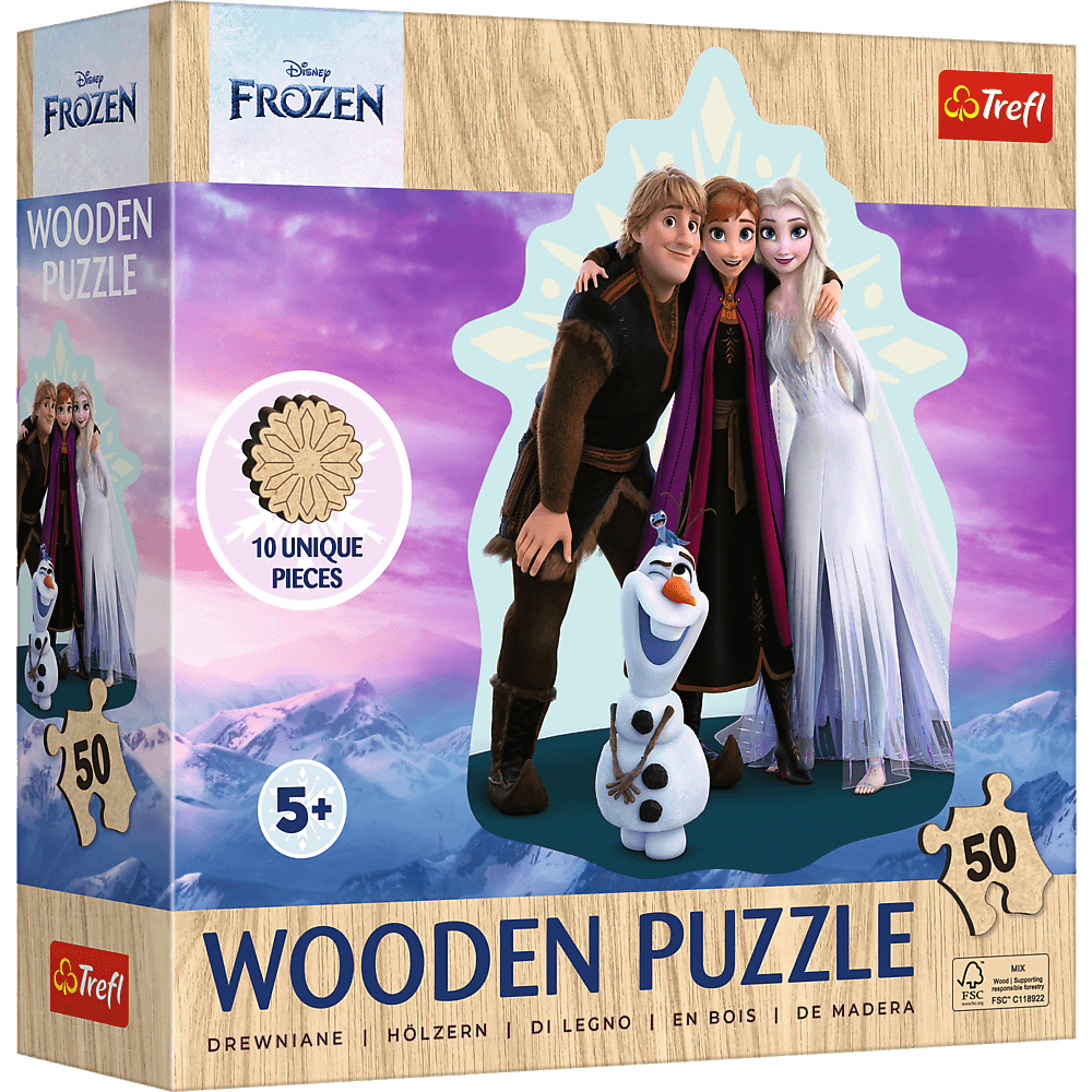 Boîte de puzzle en bois Frozen. Les personnages incluent Anna, Elsa, Kristoff et Olaf. L'arrière-plan présente des montagnes et le ciel.