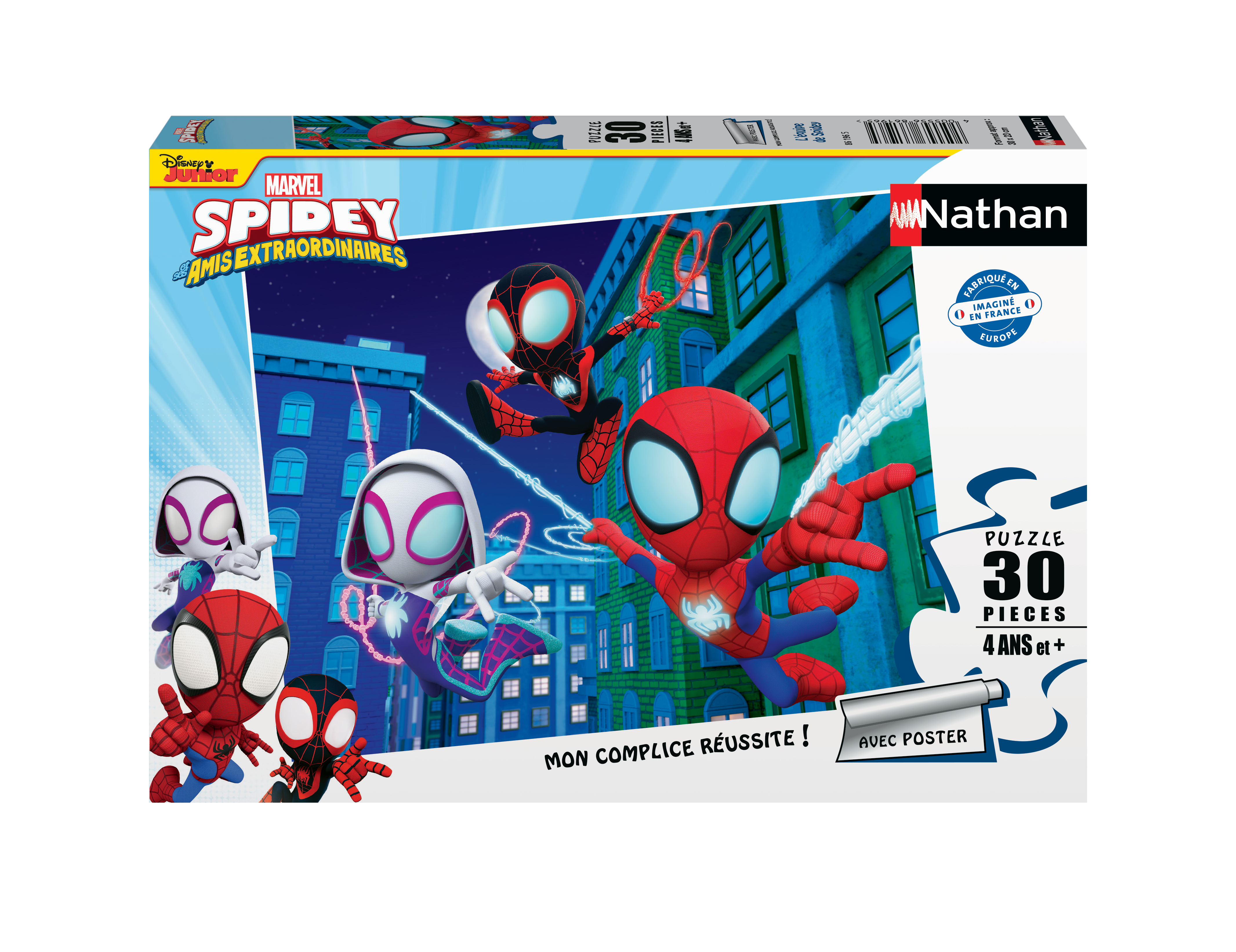 Eine Puzzledose mit Spider-Man-Figuren. Zeigt verschiedene Spider-Man-Charaktere in einer Stadt. Die Box ist weiß.