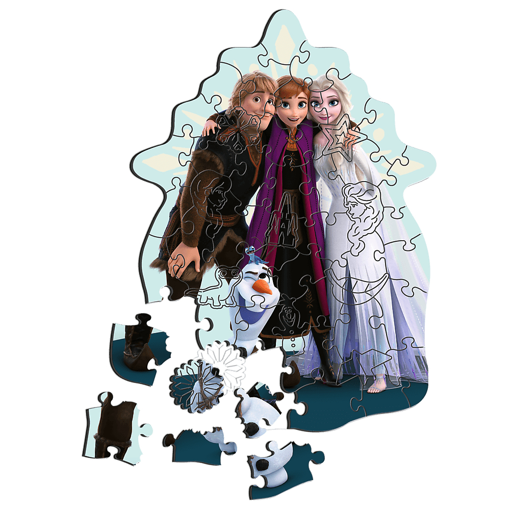 Un puzzle de La Reine des Neiges montre Anna, Elsa, Kristoff et Olaf. Les pièces sont éparpillées. Le fond est bleu clair.