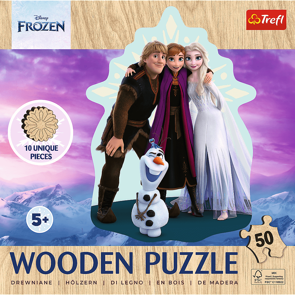 Puzzle en bois Frozen avec les personnages Anna, Elsa, Kristoff et Olaf. Il a 50 pièces. Le fond montre des montagnes.