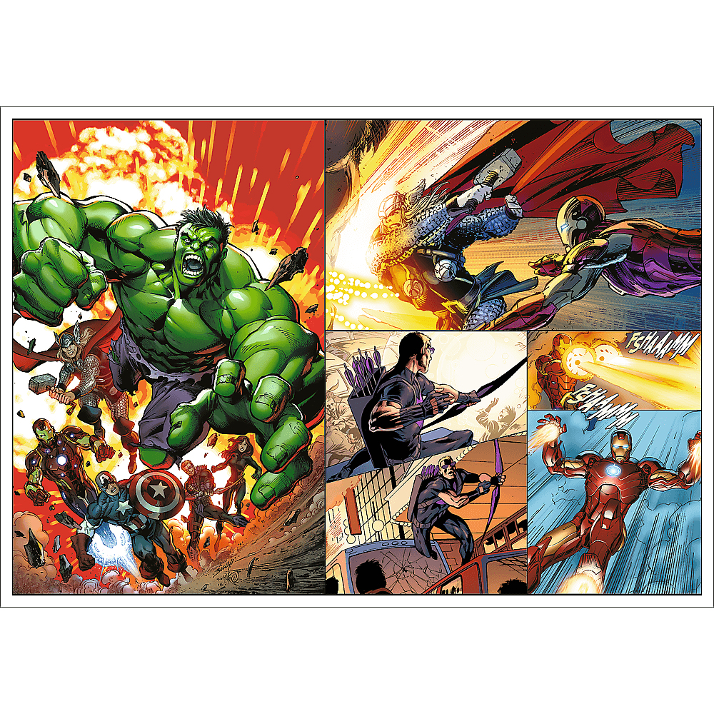 Panel komiksu. Hulk w centrum, inni bohaterowie jak Thor, Iron Man i Kapitan Ameryka walczą. Wybuchy i akcja.