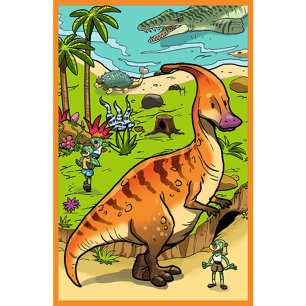 Een oranje dinosaurus staat op een richel. Andere dinosaurussen en kleine wezens op de achtergrond, met palmbomen en zee.