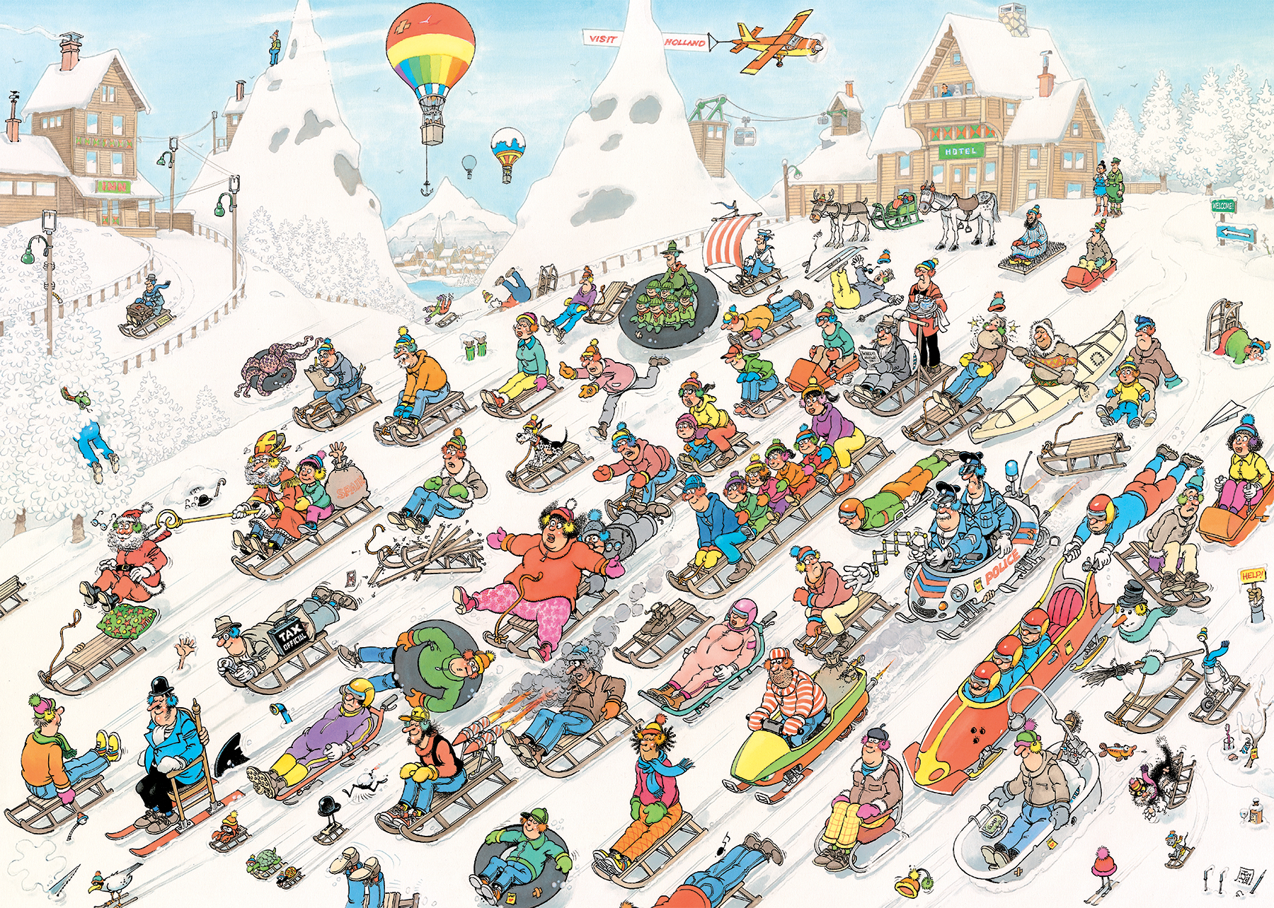 Una escena de dibujos animados de personas deslizándose en trineo por una colina nevada. Hay edificios, montañas y un globo aerostático al fondo.