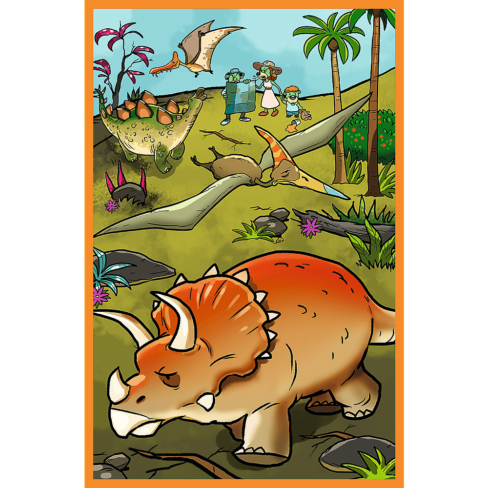 Tekenscène met dinosaurussen en mensen. Triceratops op de voorgrond, stegosaurus, ptero-dactyls en mensen op de achtergrond.