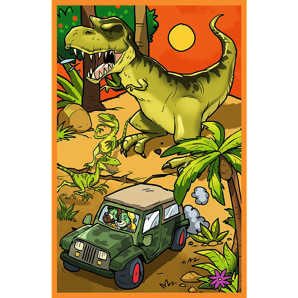 Stripfiguur: T-Rex en kleine dinosaurussen achtervolgen een jeep met passagiers. Oranje lucht, groene planten en bomen.