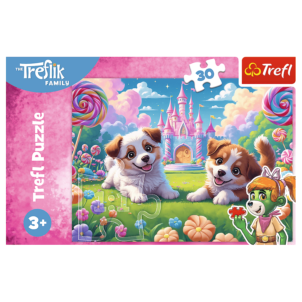 Puzzledose mit zwei Welpen, einem rosa Schloss, Lollis und einem grünen Charakter, der ein Puzzleteil hält.