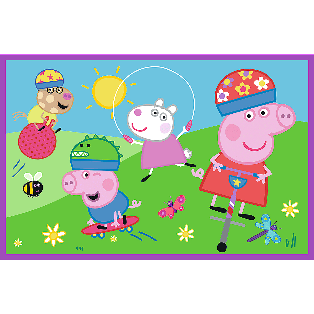 Peppa Pig-personages die spelen: stuiteren, touwtjespringen, skateboarden en pogo-stokken, met zon, bloemen, vlinder en een bij.