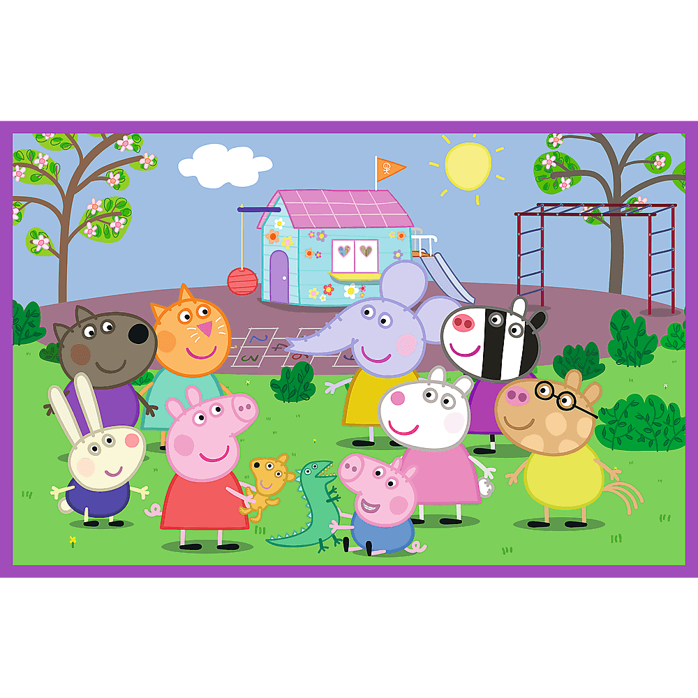 Een cartoonscene toont verschillende dierenfiguren in een parkomgeving. Een huis, een zon en speeltoestellen zijn zichtbaar.
