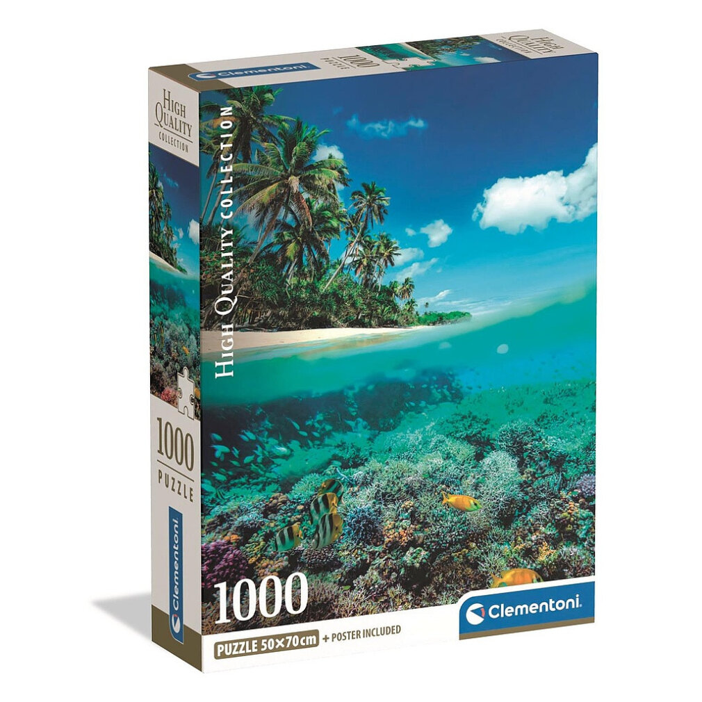 Caja de rompecabezas con escena tropical. Muestra una isla con palmeras, cielo azul y vista submarina con peces y coral.