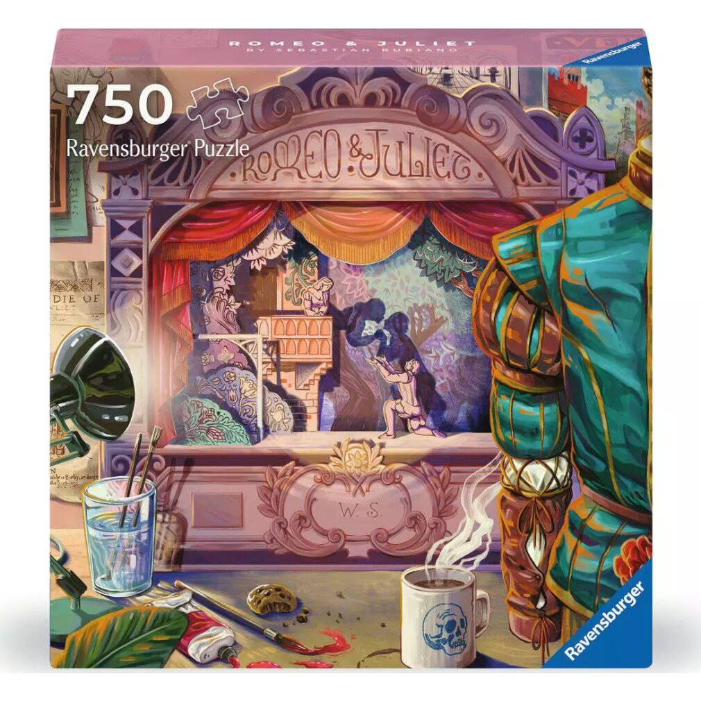 Una scatola di puzzle Ravensburger raffigurante Romeo e Giulietta su un palco, con materiali artistici e una tazza di caffè in primo piano.