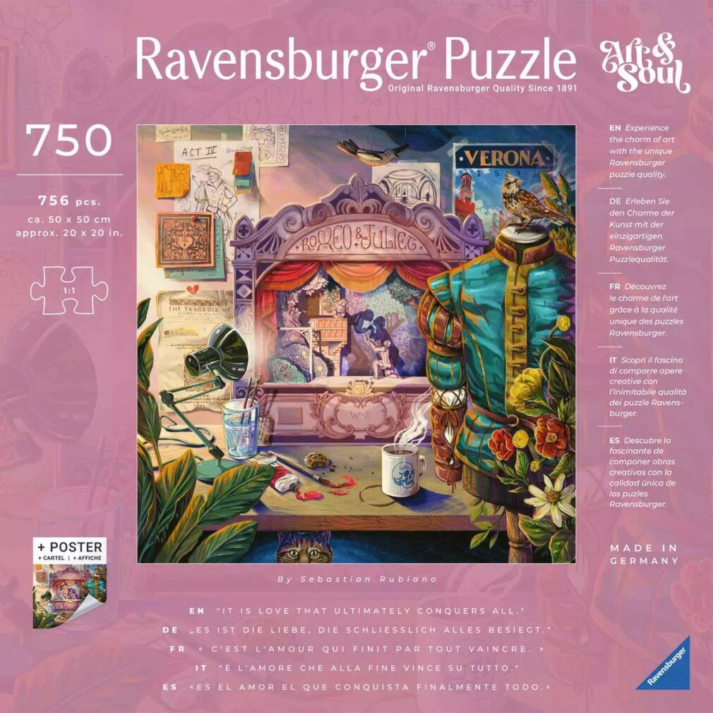 Scatola puzzle con scena teatrale, Romeo e Giulietta e un costume. Include testo e loghi.