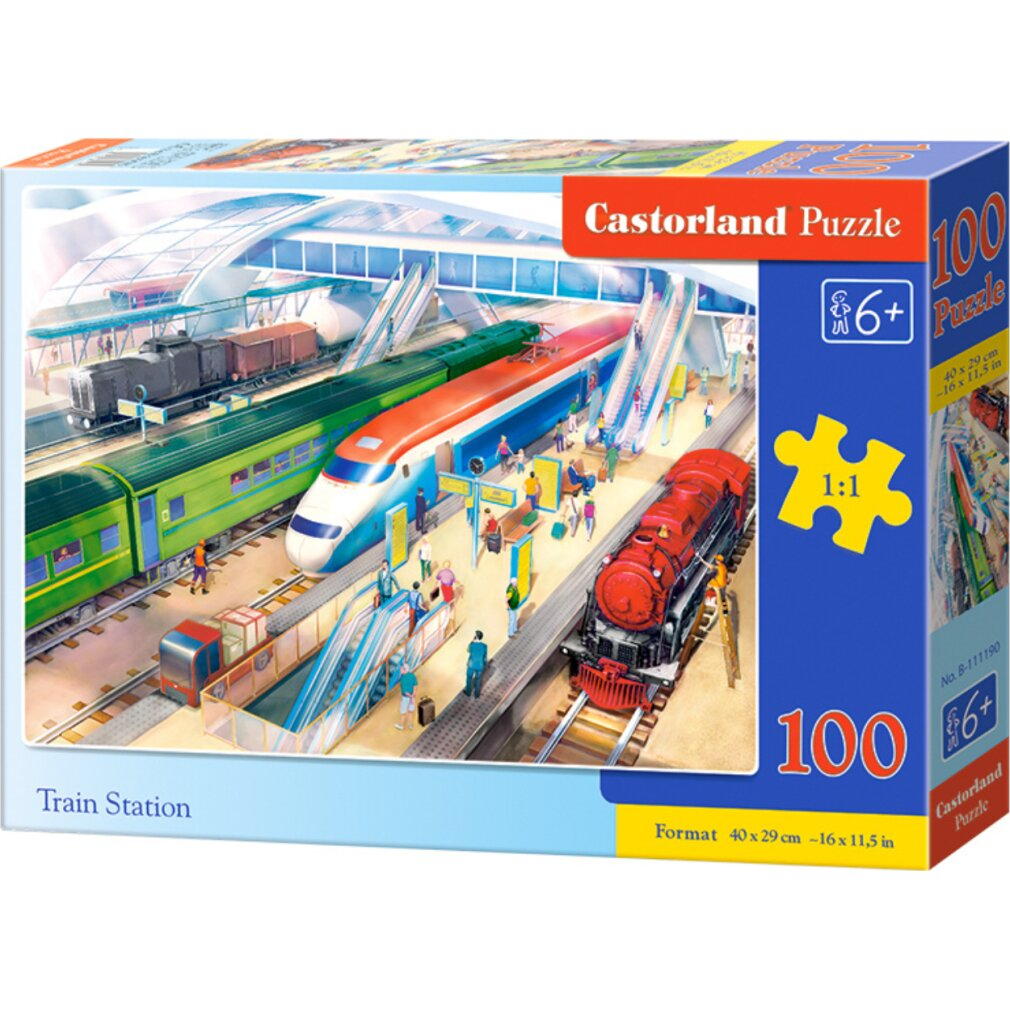 Een puzzelbox met een treinstation met verschillende treinen, mensen en roltrappen. Op de doos staat 'Castorland Puzzle'.