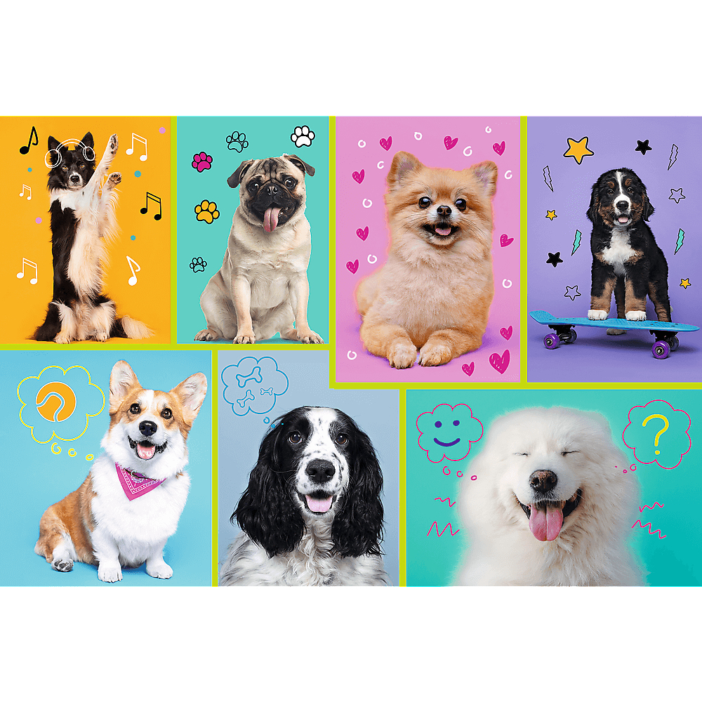 Een collage van zeven honden van verschillende rassen. Elke hond staat op een kleurrijke achtergrond met krabbels zoals muzieknoten en harten.