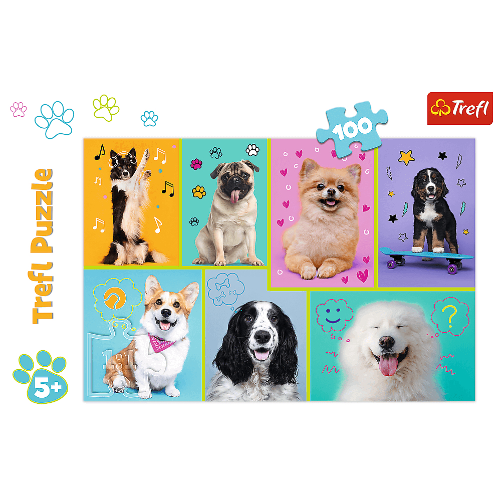 Een Trefl-puzzel met verschillende hondenrassen. Elke hond staat op een kleurrijke achtergrond. Een puzzelstukje toont het nummer 100.