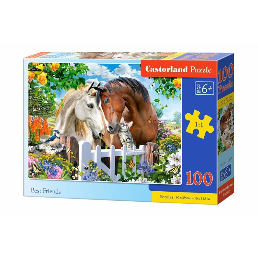 Puzzelbox met twee paarden, een kat en bloemen. Het heet 'Best Friends' en bevat 100 stukjes.