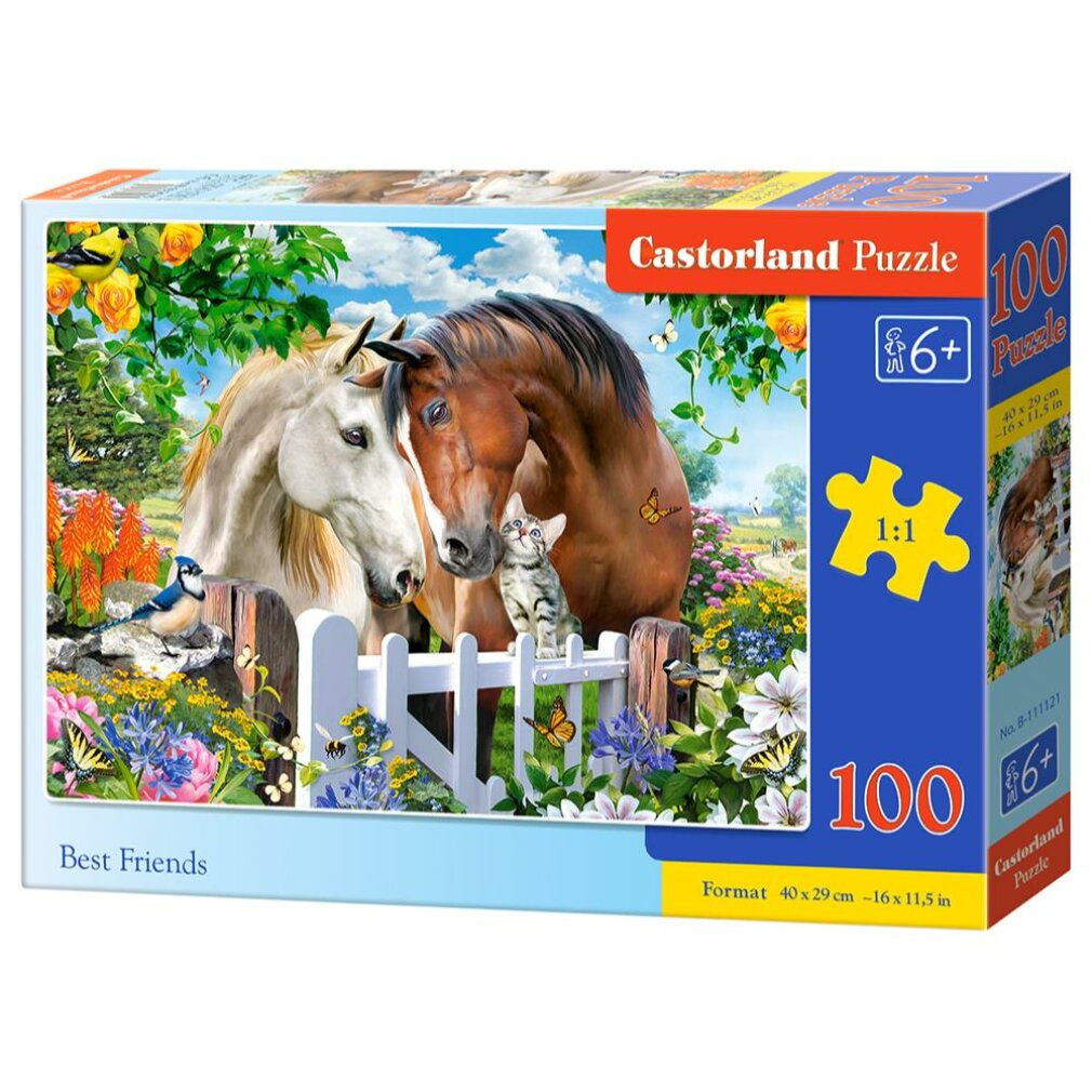 Puzzelbox met twee paarden, een katje en een vogel in een tuin. Er worden ook vlinders en bloemen getoond.