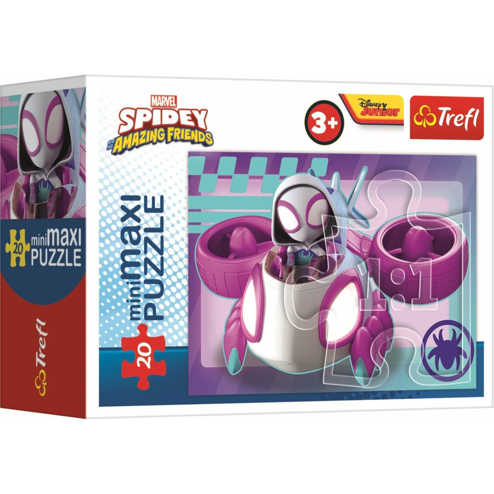 Eine Spidey and Amazing Friends Puzzlebox. Sie zeigt eine Figur in einem Fahrzeug. Die Box hat das Trefl- und Disney Junior-Logo.