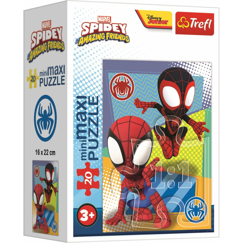 Puzzledose mit Spider-Man-Figuren. Enthält 20 Teile. Die Box hat Marvel- und Disney Junior-Logos und die Marke Trefl.