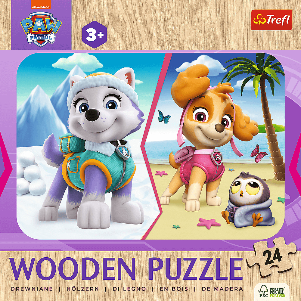 Paw Patrol Holzpuzzle. Enthält Everest und Skye-Welpen, mit einer Eule am Strand. Enthält die Zahl 24 und das Trefl-Logo.