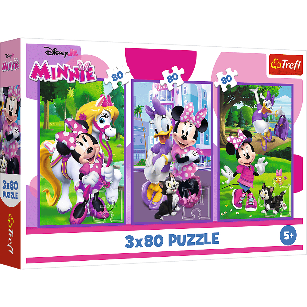 Boîte de puzzle avec Minnie Mouse et ses amis. Comprend des images de Minnie, Daisy et d'autres personnages, avec une configuration de puzzle 3x80.