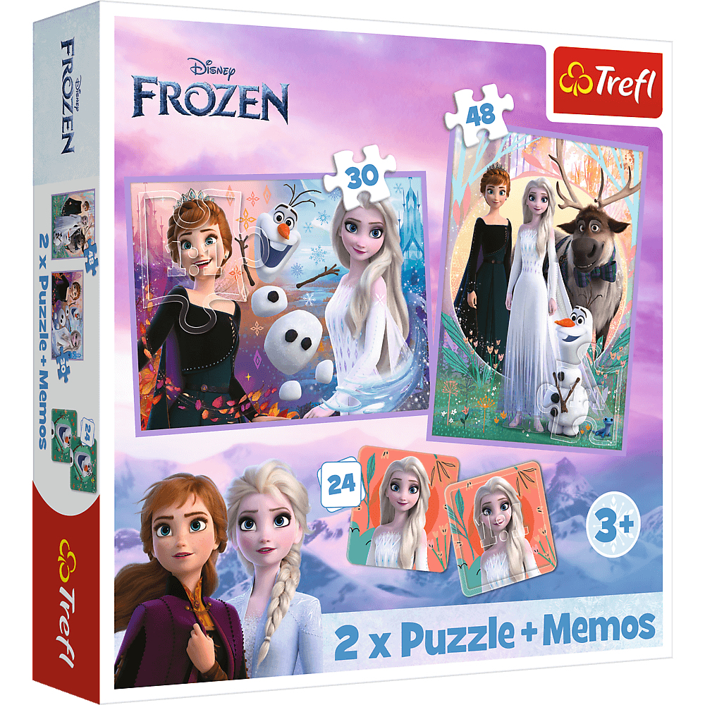 Frozen-Puzzlebox. Enthält Elsa, Anna, Olaf und Kristoff im Puzzle- und Memo-Kartenformat. Marke Trefl, ab 3 Jahren.