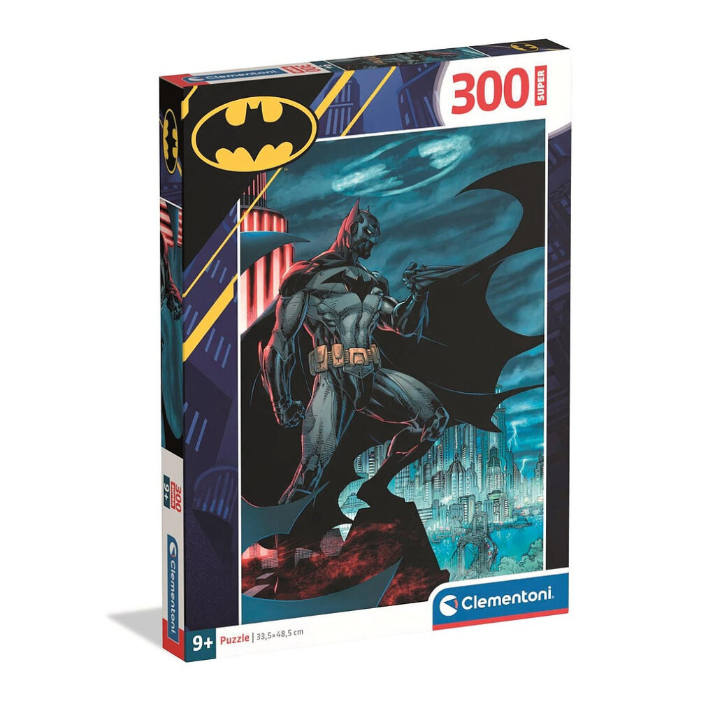 Een Batman puzzelbox. Batman staat op een rots, cape wappert, stad op de achtergrond. De doos zegt 300 Super en heeft het Batman-logo.