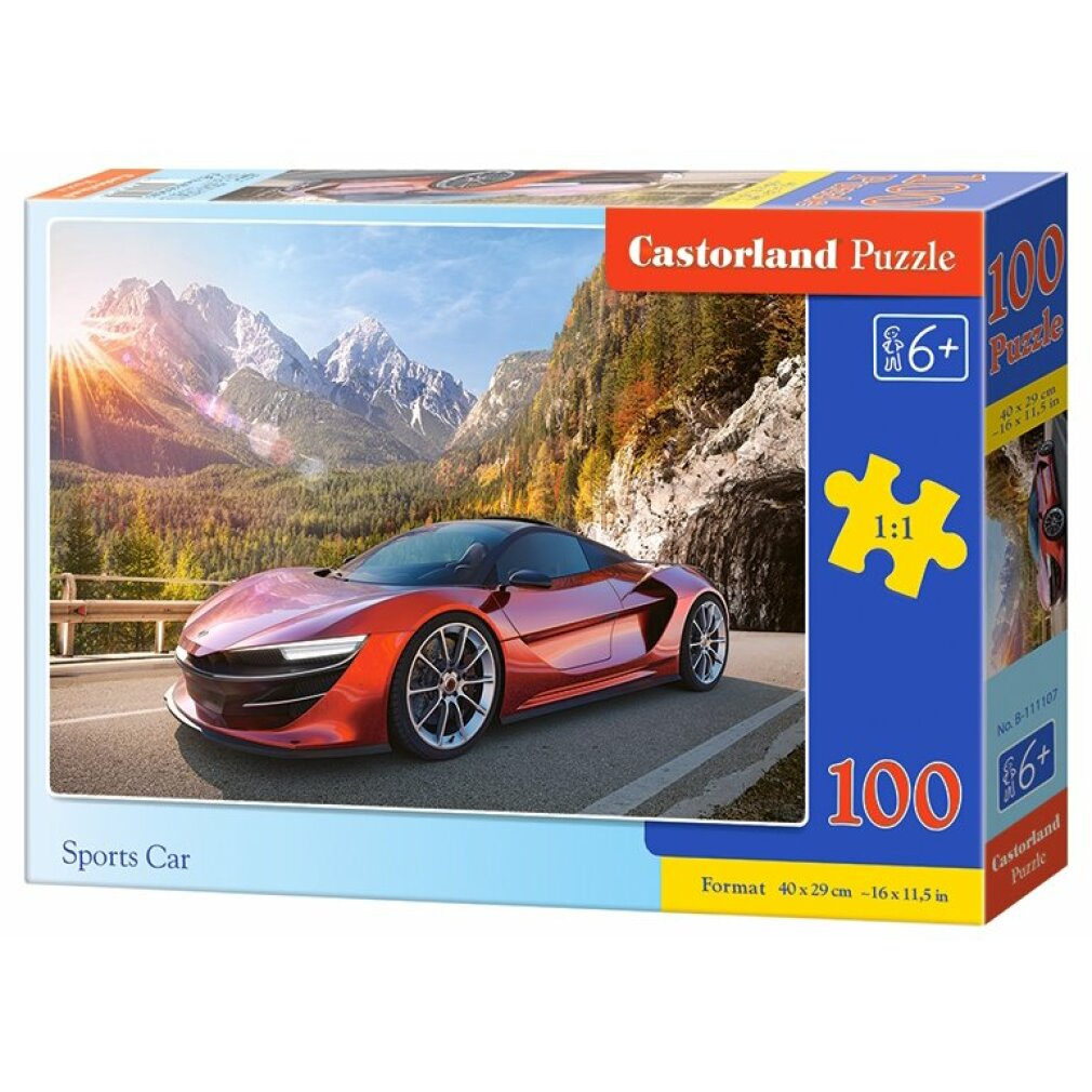 Een puzzeldoos van een rode sportwagen op een weg, bergen op de achtergrond, een blauwe lucht en een zon.